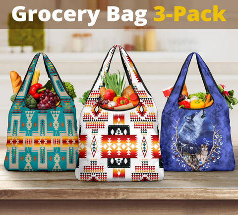 Wolf Purple Native American Grocery Bag 3-Pack