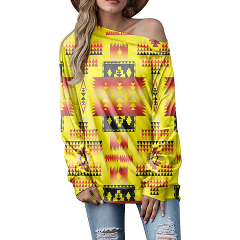 GB-NAT00302-06 Yellow Tribes Pattern Native American Off-shoulder Sweatshirt