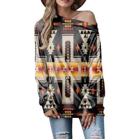 GB-NAT00062-01 Black Tribe Design Native American Off-shoulder Sweatshirt