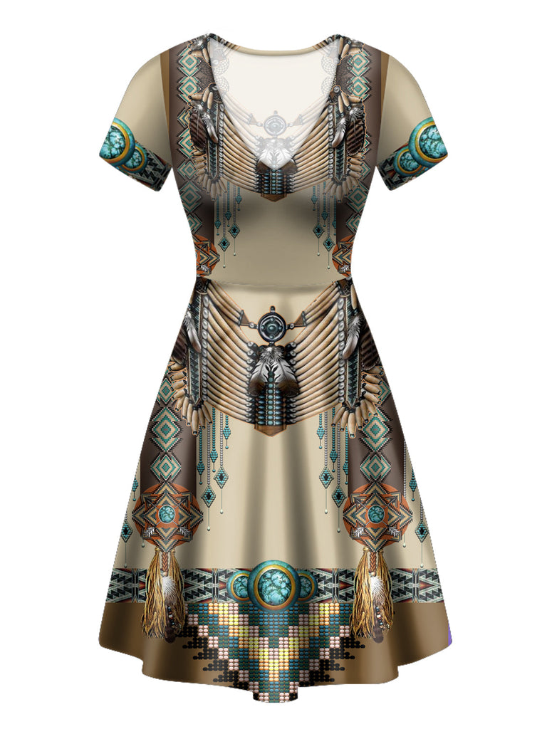 GB-NAT00059 Brown Pattern Breastplate Neck Dress