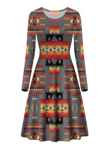 GB-NAT00046-11 Gray Pattern Native Long Sleeve Dress