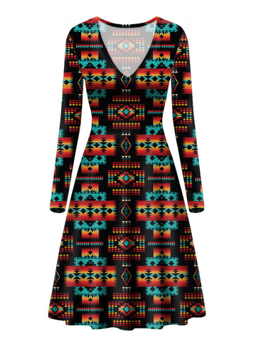 GB-NAT00046-02 Black Pattern Native V-Long Sleeve Dress