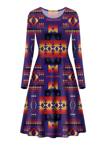 GB-NAT00046-11 Dark Purple Pattern Native Long Sleeve Dress