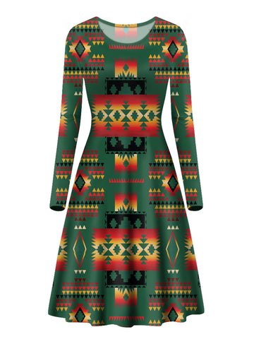GB-NAT00046-10 Dark Green Pattern Native Long Sleeve Dress