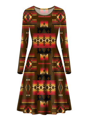 GB-NAT00046-08 Brown Native Pattern Long Sleeve Dress