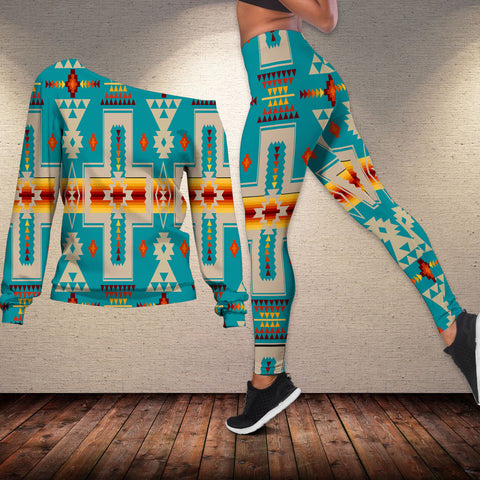 GB-NAT00062-05 Turquoise Tribe Design Off-shoulder Sweater Legging Set