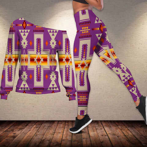 GB-NAT00062-07 Light Purple Tribe Design Off-shoulder Sweater Legging Set