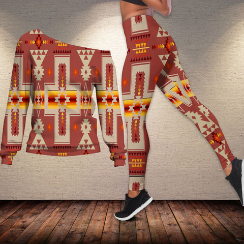 GB-NAT00062-11 Tan Tribe Design Off-shoulder Sweater Legging Set