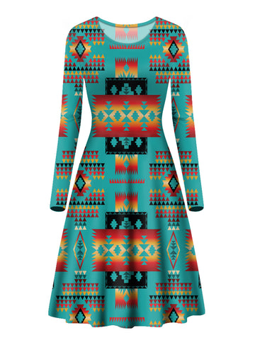 GB-NAT00046-01 Blue Native Pattern Native Long Sleeve Dress