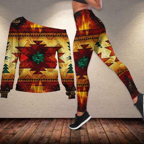 GB-NAT00068 United Tribes Brown Design Off-shoulder Sweater Legging Set