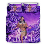 GB-NAT00352 Native Girl And Wolf Purple Bedding Sets