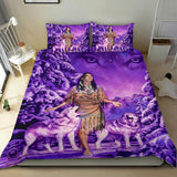 GB-NAT00352 Native Girl And Wolf Purple Bedding Sets