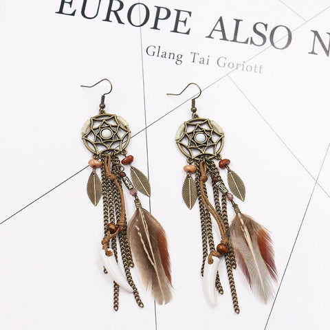 Native American Natural Feather Chain Tassel Dangling Earrings - Powwow Store