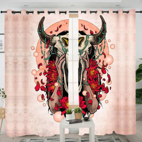 Bison Skull Head Pink Native American Living Room Curtain - ProudThunderbird