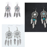 Silver Plated Bohemia Feather Dream Catcher Drop Earrings