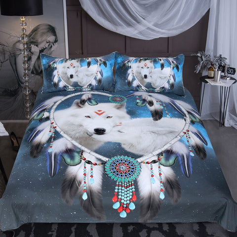 White Wolf Couple Dreamcatcher Native American Bedding Set no link