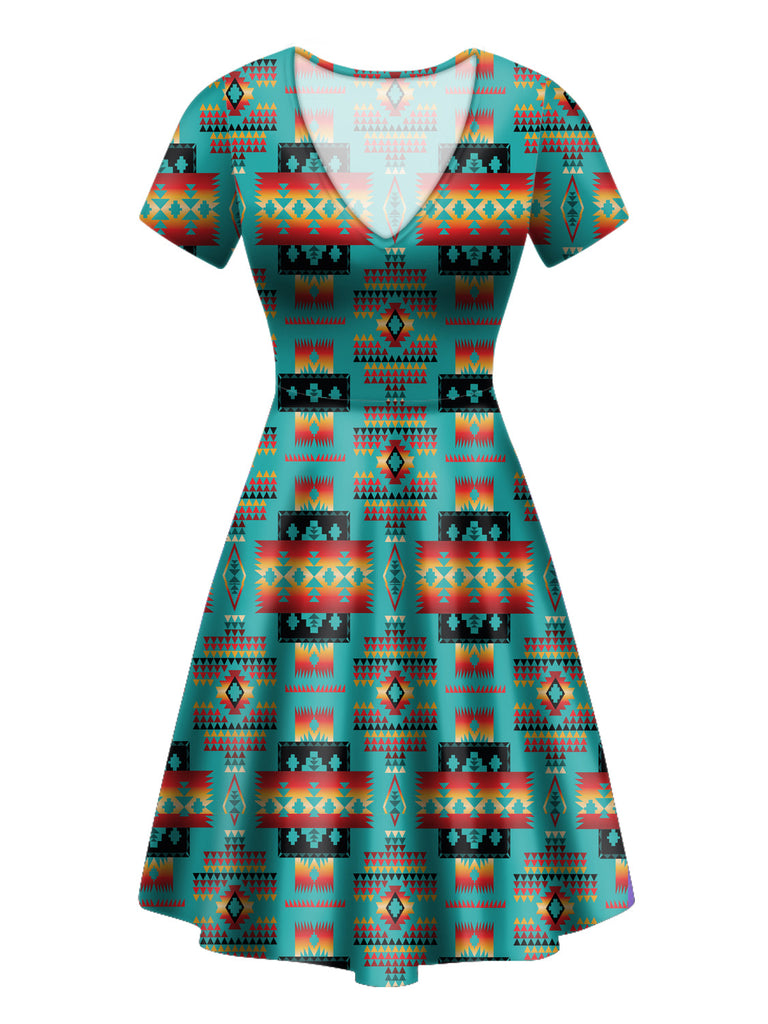 GB-NAT00046-01 Blue Native Tribes Pattern Native American Neck Dress