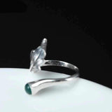 Green Natural Stone Feather Leaves Open Rings - ProudThunderbird