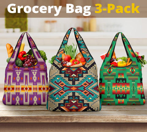 Purple Tribes Pattern Native American Grocery Bag 3-Pack