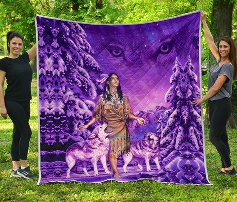 GB-NAT00352 Native Girl And Wolf Purple Premium Quilt