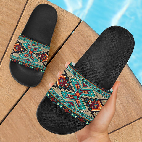 Tribe Blue Pattern Native American Slide Sandals