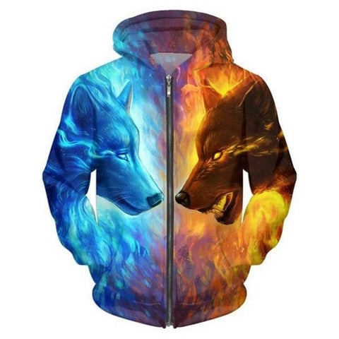 Wolves Ice And Fire 3D Zipper Native American Hoodies