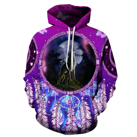 Violet Dreamcatcher Wolf Native American All Over Hoodie - Powwow Store