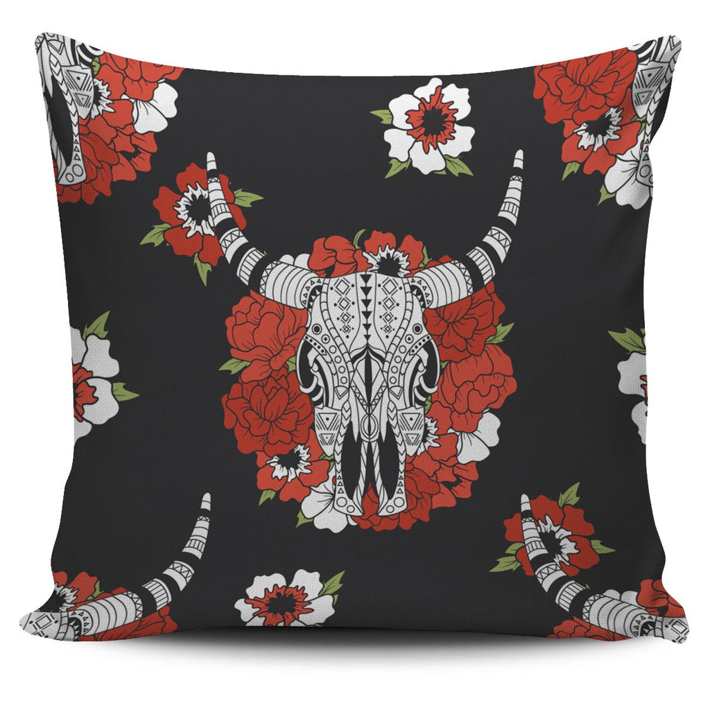 Bison And Red Flowers  Native American Pillow Covers