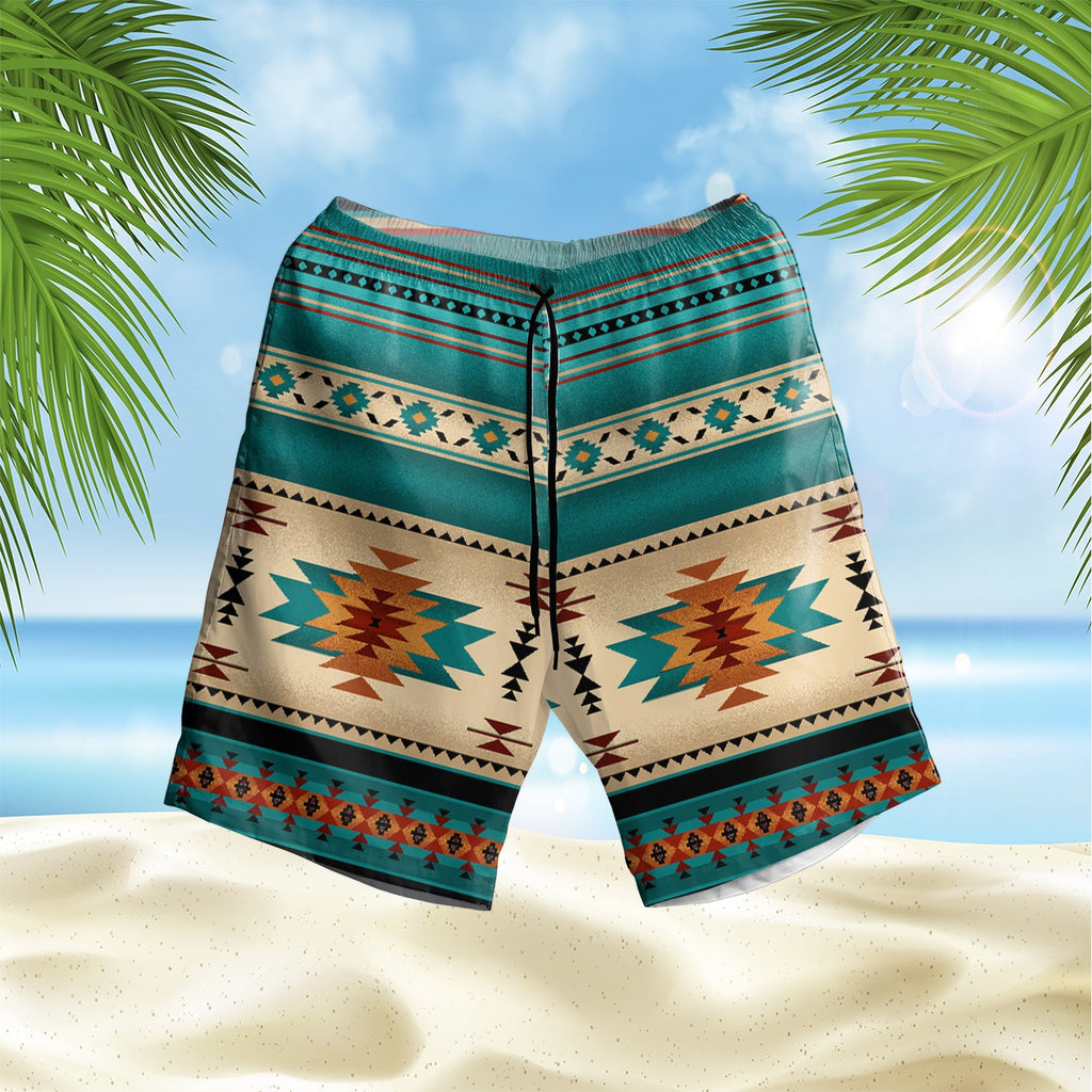 GB-NAT00559-04 Blue Native Pattern Hawaiian Shorts