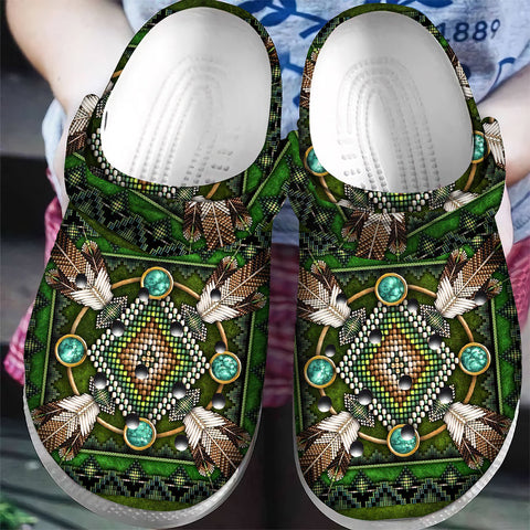 GB-NAT00023 Naumaddic Arts Green Native Crocs Clogs Shoes
