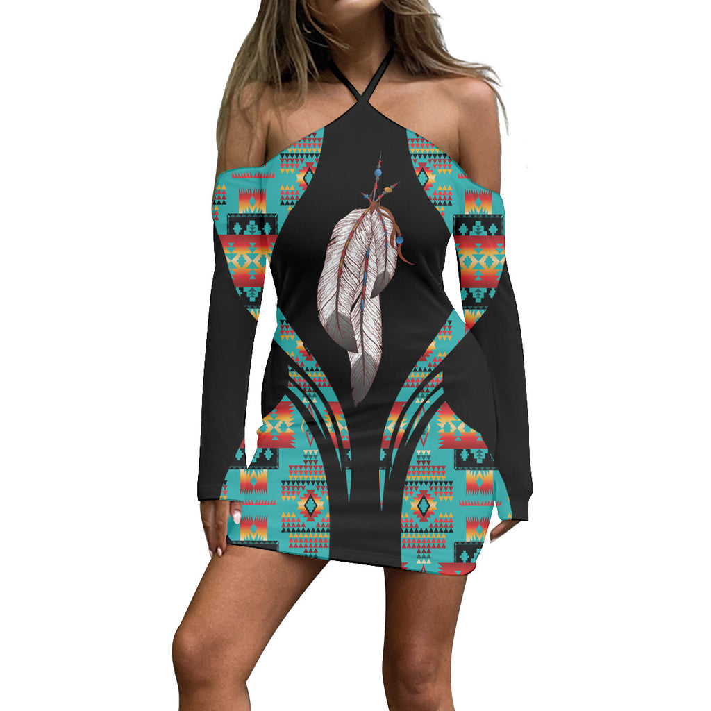 3WDSGA06-00016 Pattern Native Women’s Stacked Hem Dress With Short Sleeve