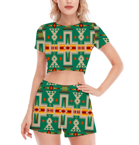 GB-NAT00062-08 Pattern Native Women's Short Sleeve Cropped Top Shorts Suit