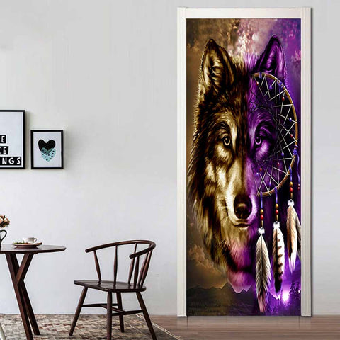 GB-NAT0005 Dreamcatcher Purple Wolf Native American Door Stickers