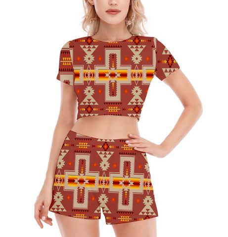 GB-NAT00062-11 Pattern Native Women's Short Sleeve Cropped Top Shorts Suit