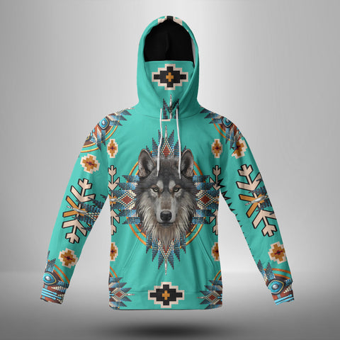 GB-NAT00635 - Turquoise Tribe  Wolf 3D Hoodie With Mask