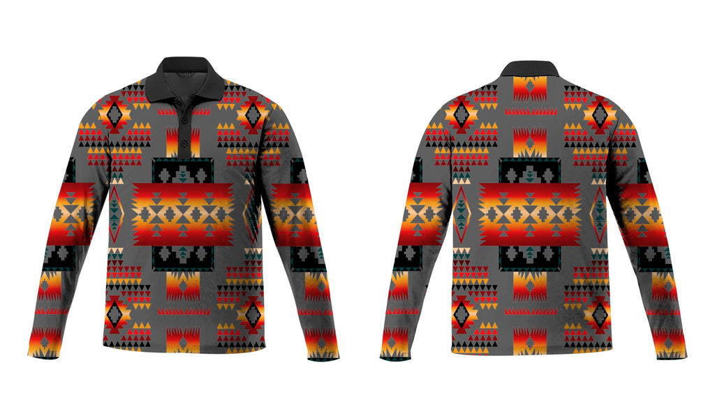 GB-NAT00046-11 Gray Tribe Pattern Native American Polo Long Sleeve