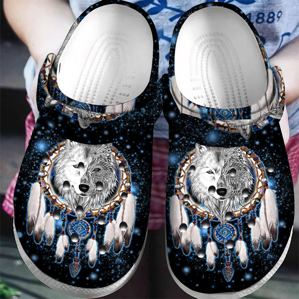 GB-NAT00010-01 Galaxy Dreamcatcher Wolf Crocs Clogs Shoes