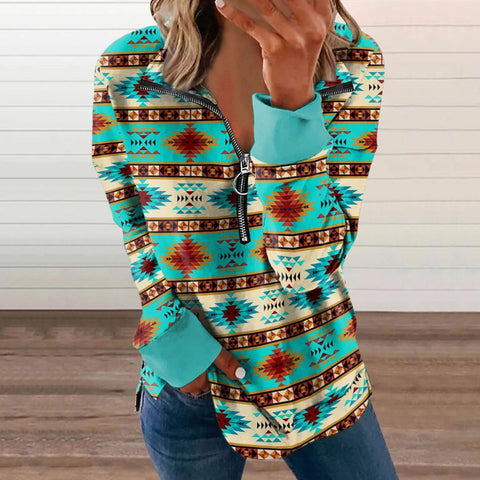 V-neck Zipper Ethnic Aztec Printing Shirt Long-sleeved Casual Pullover
