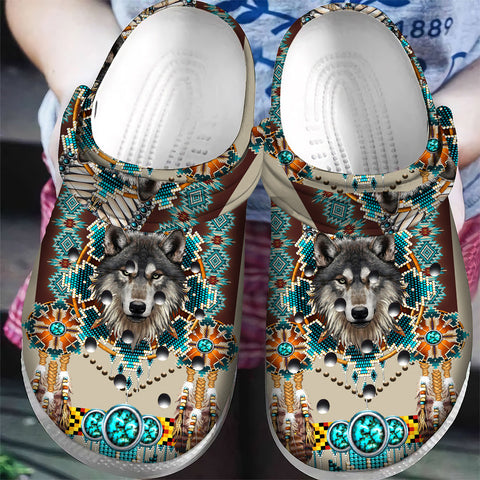 GB-NAT00069B Blue Mandala Wolf Native Crocs Clogs Shoes
