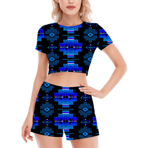 GB-NAT00720-02 Pattern Native Women's Short Sleeve Cropped Top Shorts Suit