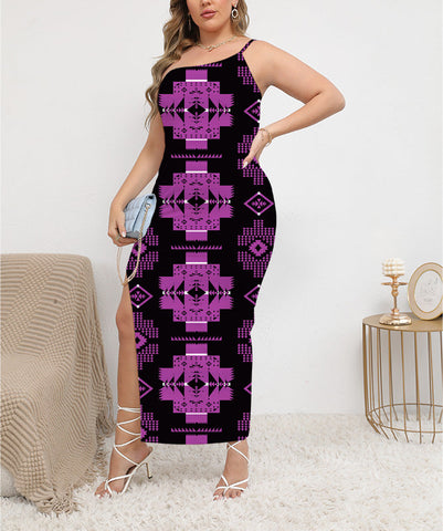 GB-HW00077  Pattern Native Oblique-Shoulder Exposure Dress With Side Split