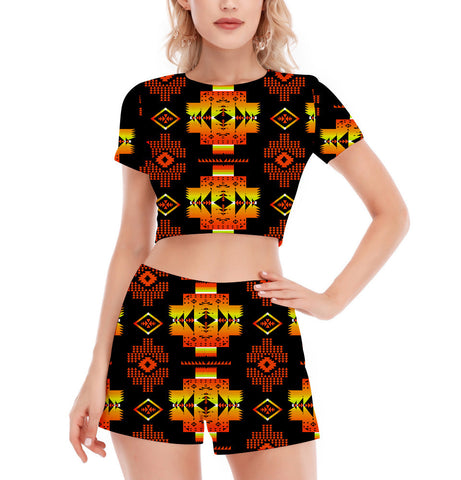 GB-NAT00720-06 Pattern Native Women's Short Sleeve Cropped Top Shorts Suit