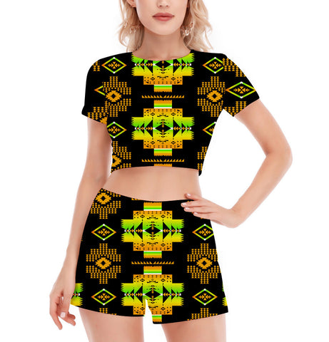 GB-NAT00720-08 Pattern Native Women's Short Sleeve Cropped Top Shorts Suit