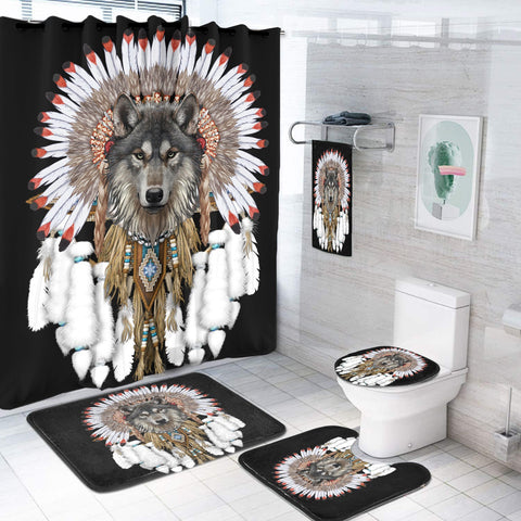 GB-NAT00446 Wolf With Feather Headdress Bathroom Set