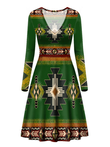 GB-NAT0001-01 Southwest Green Symbol Native American V-Long Sleeve Dress
