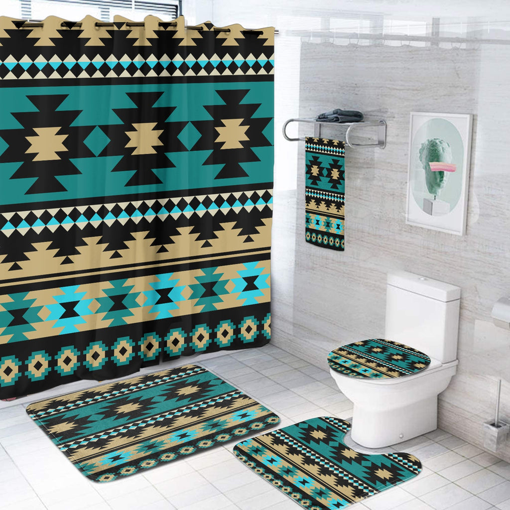 GB-NAT00509 Green Ethnic Aztec Pattern Bathroom Set