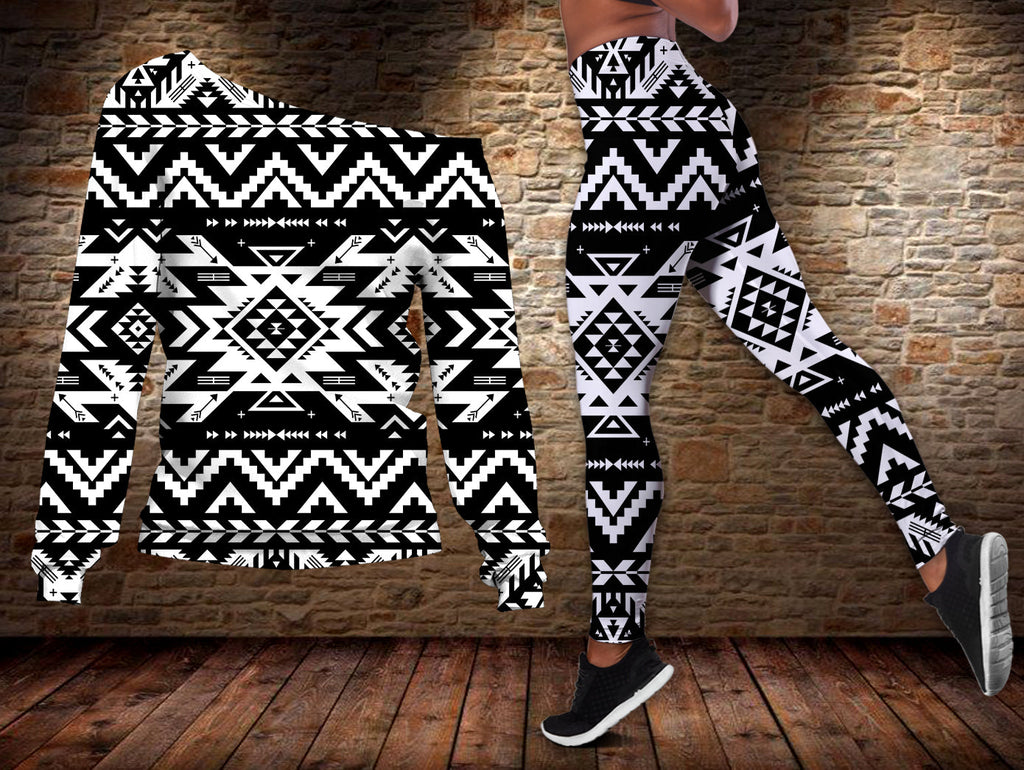 GB-NAT00441 Black Pattern Native Off-shoulder Sweater Legging Set