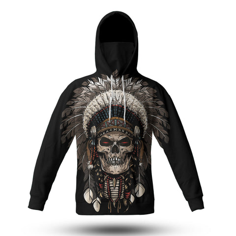 GB-NAT00044 Feather Chief Skull Native American 3D Hoodie With Mask