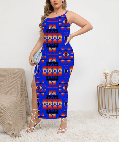 GB-NAT00046-06 Dark Blue Native Pattern Oblique-Shoulder Exposure Dress With Side Split
