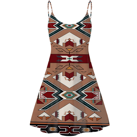 GB-NAT0002 Orange Geometric Native American Strings Dress